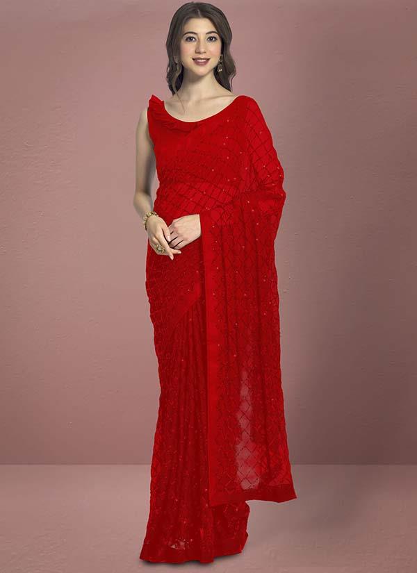 Pure Georgette Red Sequin Saree